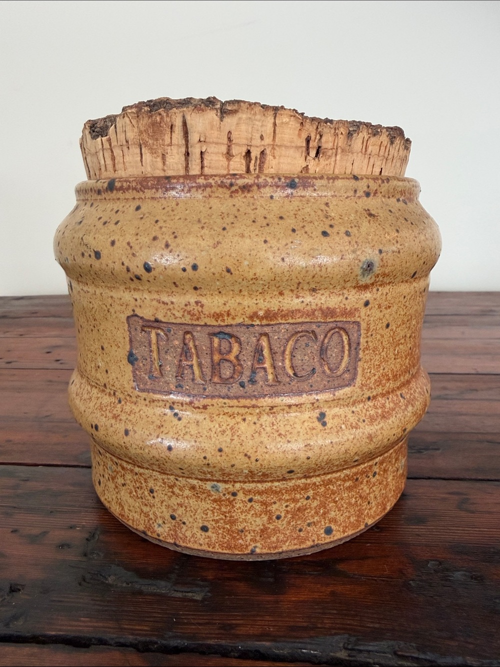 Vintage-Style Tan Stoneware 'Tabaco' Jar - Home Art Accent. Signed.